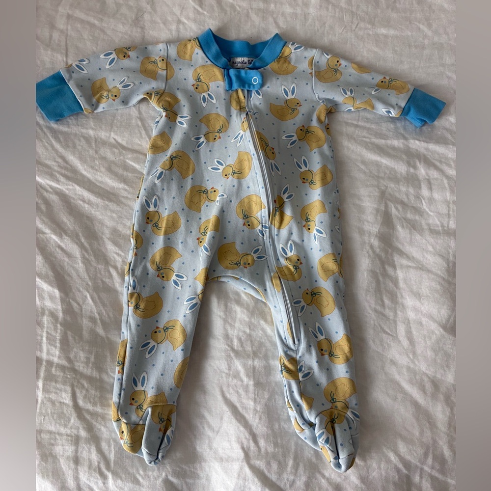 Magnolia Baby Blue & Yellow Bunny Print Footed One-Piece